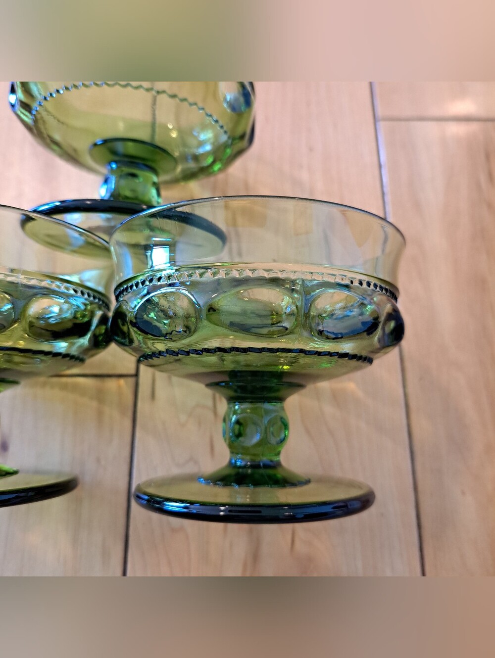 Set of 3 INDIANA GLASS KINGS Crown Olive Green Thumbprint Sherbet Dessert Dish - Picture 5 of 8
